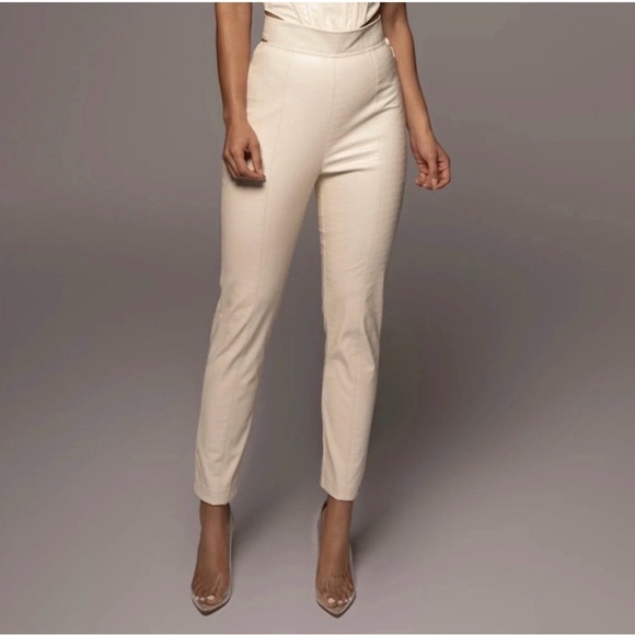 JLUXLABEL Cream Cropped Pants Croc Faux Leather High Waist Neutral Size XL - Picture 1 of 10